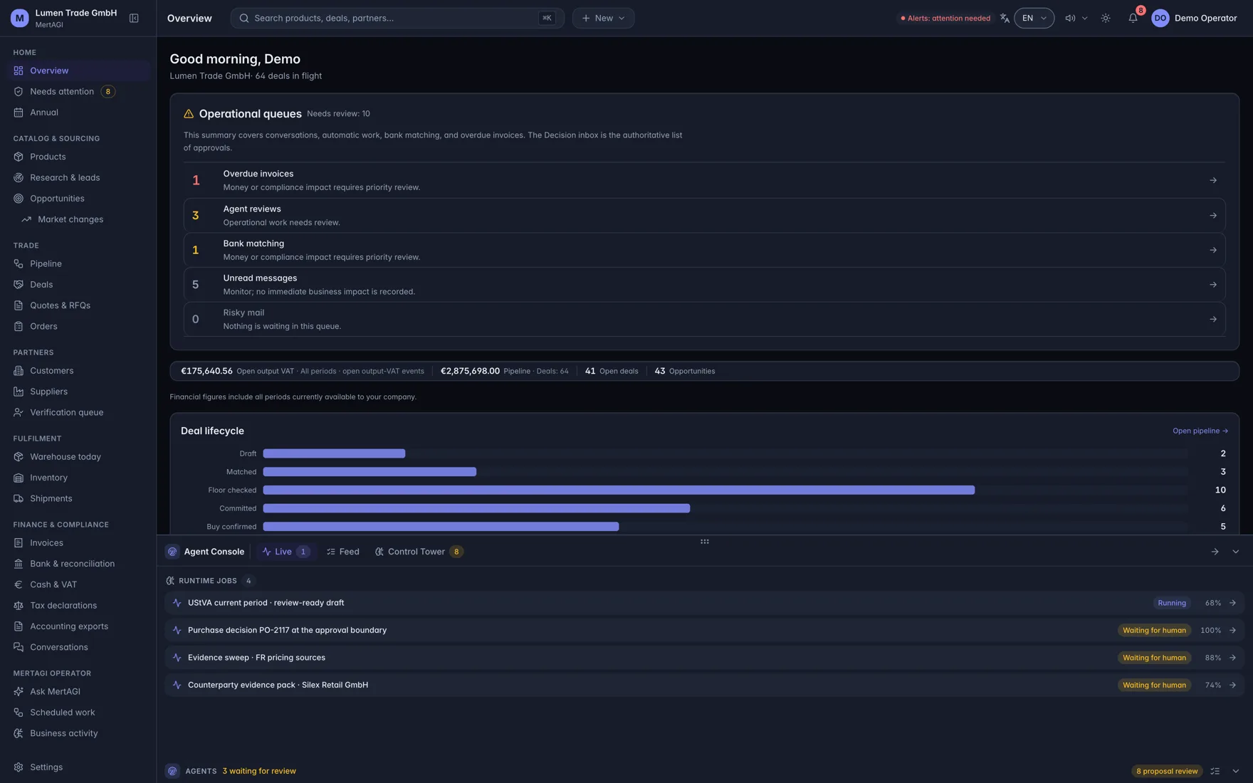 DEVELOPMENT PREVIEW · EXAMPLE DATA. Your business at a glance. See the work in progress and the decisions waiting for you.